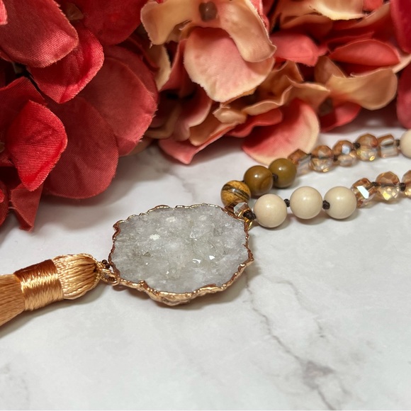 Natural Stone Beaded Necklace with Gold Dipped Agate Druzy Pendant & Tassel - Picture 9 of 15